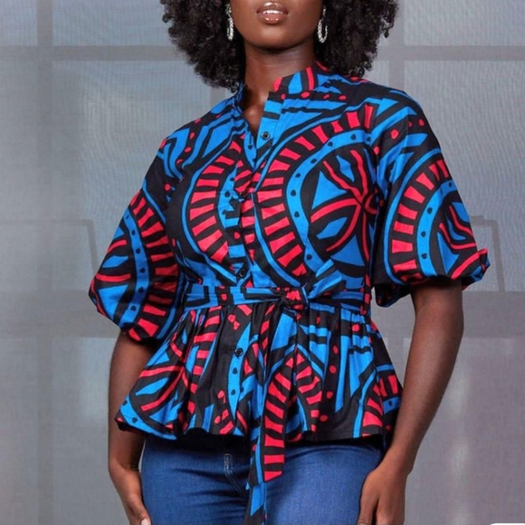 D'Iyanu Tops - Vibrant African Print Women's Blouse with Geometric Patterns